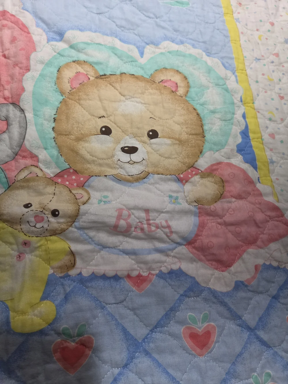 Baby Blanket Quilted Teddy Bear Elephant On Bed Sateen Edge Trim 34x42 Y2k Vtg